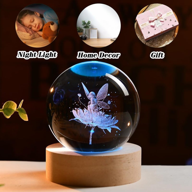 ZRENJHUS Flower Fairy Crystal Ball Fairy with Flower Glass Decor 3D Engraving Decorative Ball Light Gifts for Girls Women Fairy Lovers Wedding Gift with Light Base - Image 2
